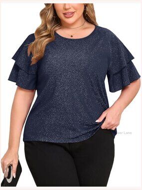 Plus Size Glitter Blouse Short Ruffle Sleeves Dressy Top Elegant Party Shirt